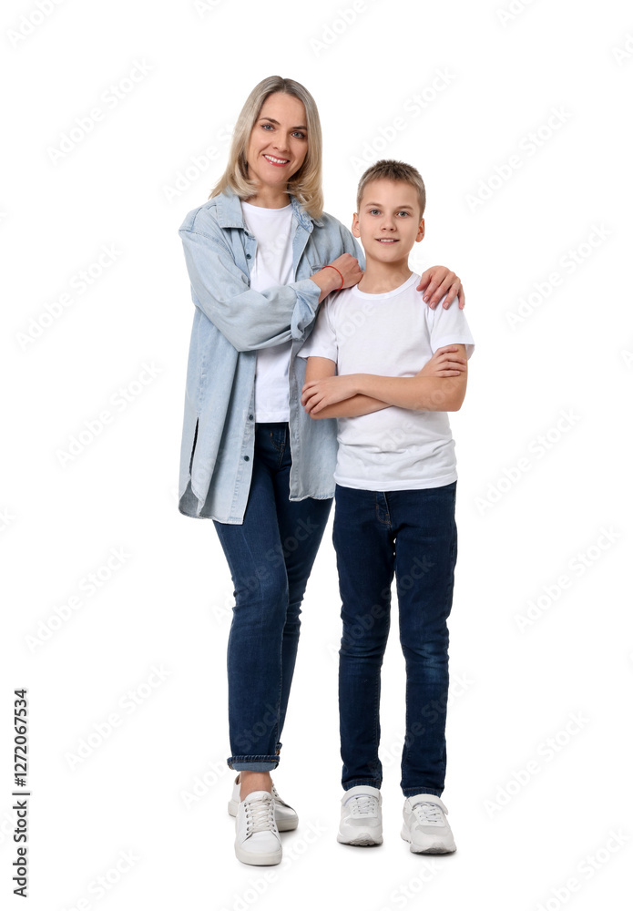 Happy mother and son on white background Happy mother and son on white background