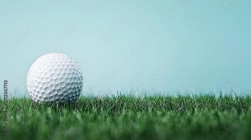 Golf Ball on Green Grass Against a Light Blue Background Golf Ball on Green Grass Against a Light Blue Background