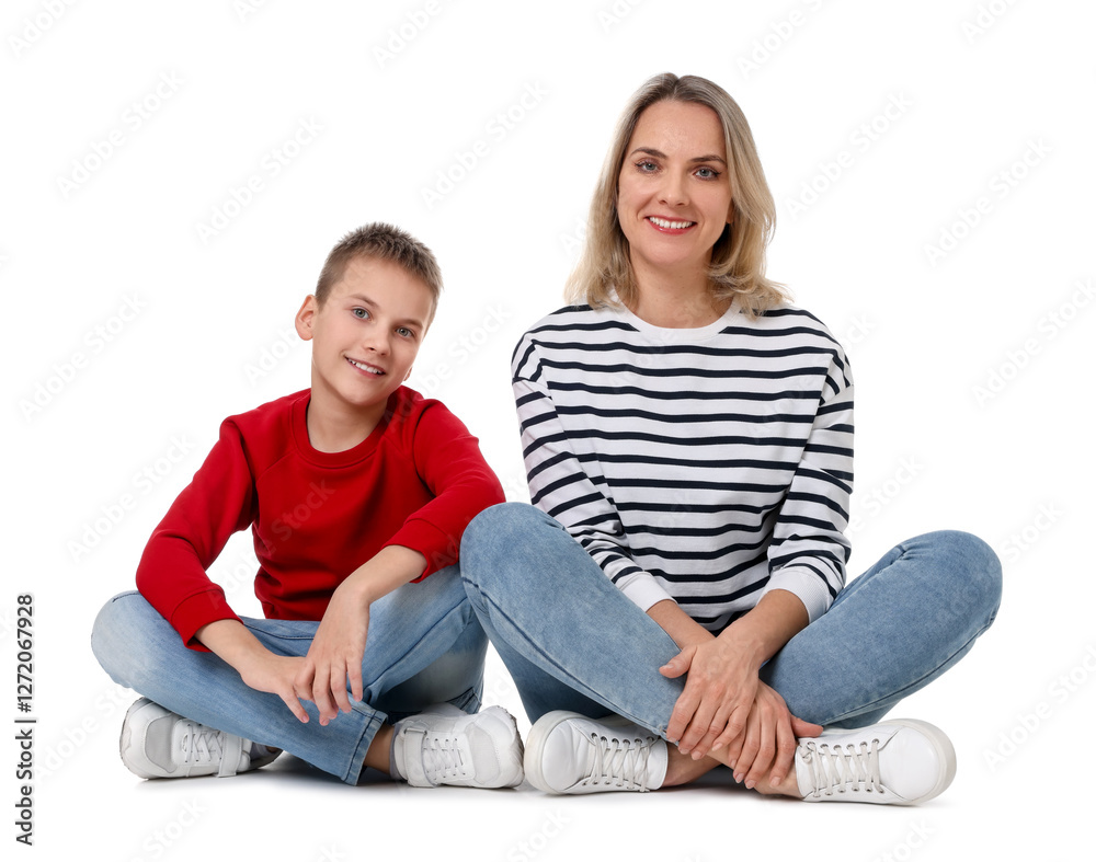 Happy mother and son on white background Happy mother and son on white background