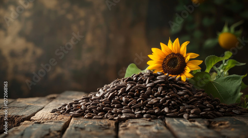 A heap of black roasted salted sunflower seeds with a sunflower bloom on a vintage wooden table, embodying the nut concept of Helianthus annuus