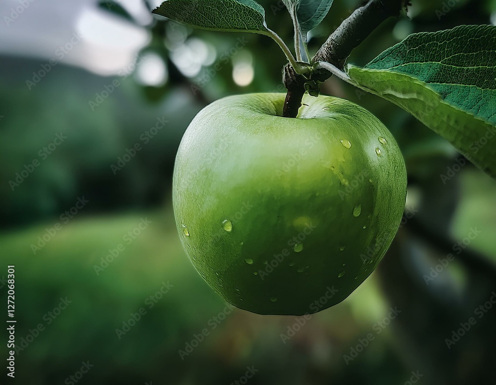 Una manzana verde en la rama de un arbol Una manzana verde en la rama de un arbol
