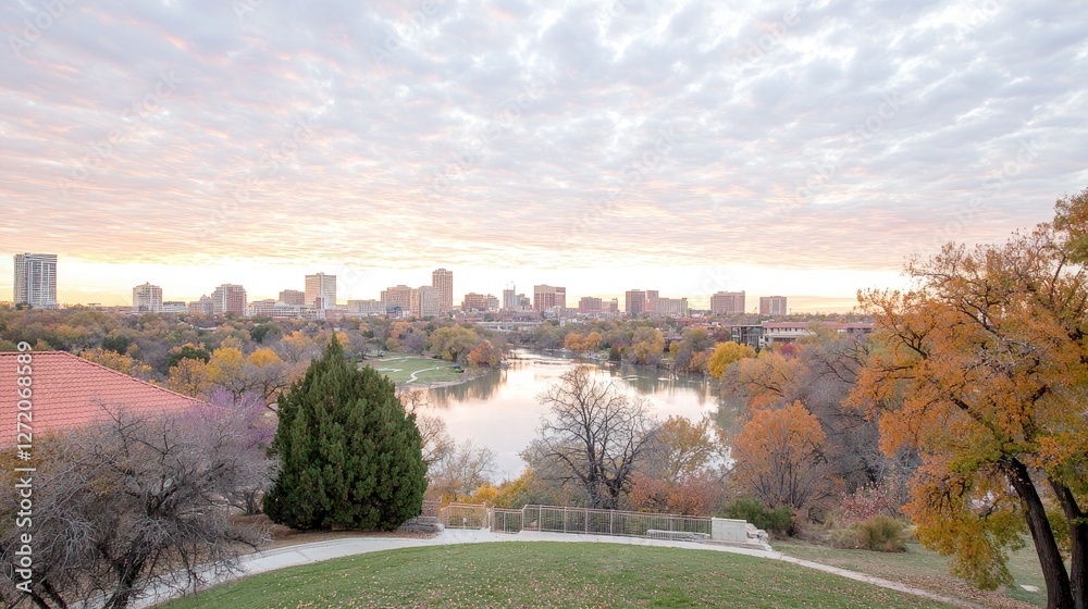 Autumn cityscape skyline over calm lake, park view at sunrise Autumn cityscape skyline over calm lake, park view at sunrise