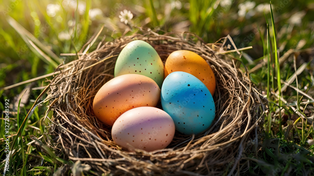 A basket overflowing with colorful Easter eggs, symbolizing joy and celebration A basket overflowing with colorful Easter eggs, symbolizing joy and celebration