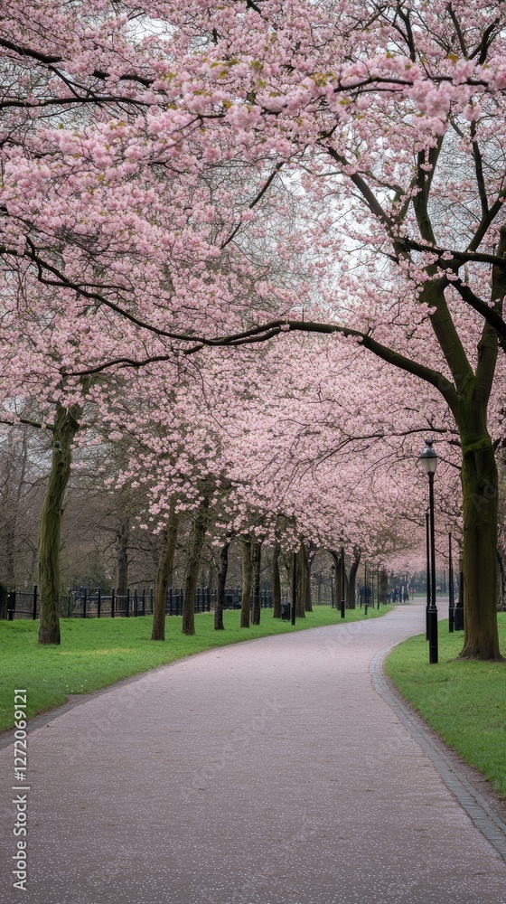 Blooming cherry and almond trees fill the park with vibrant colors on a sunny day, inviting visitors to enjoy nature s beauty Blooming cherry and almond trees fill the park with vibrant colors on a sunny day, inviting visitors to enjoy nature s beauty