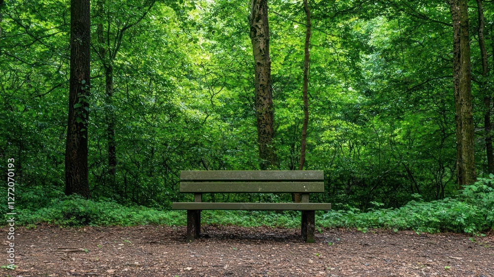 Wooden Bench in a Lush Green Forest Wooden Bench in a Lush Green Forest