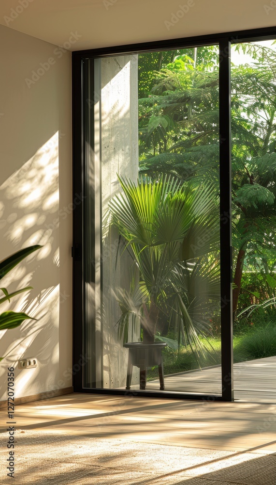 Fototapeta premium Sleek Sliding Glass Door to Lush Backyard - Energy Efficient Design for Modern Homes