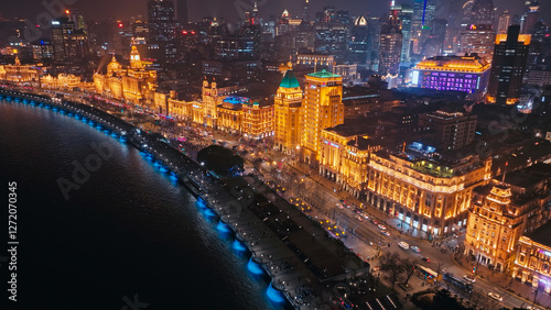 Photography Night view of the Bund in Shanghai, China