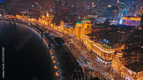 Photography Night view of the Bund in Shanghai, China