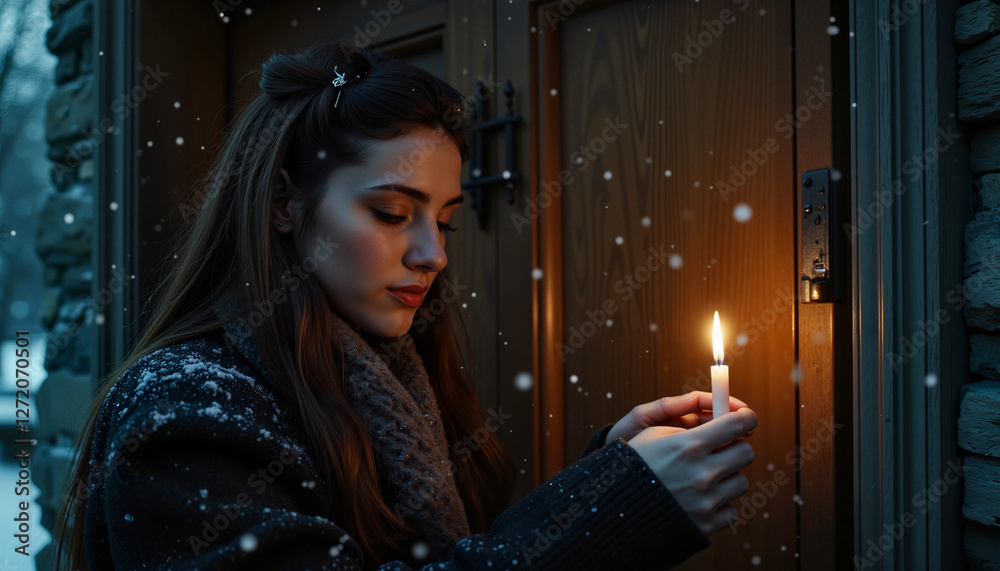 Fototapeta premium Woman lighting candle at rustic door in snowfall, Imbolc ritual