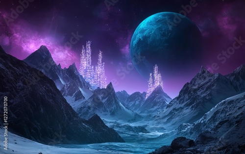 Alien City on Frozen Mountains, Nebula Background, Space Landscape photo