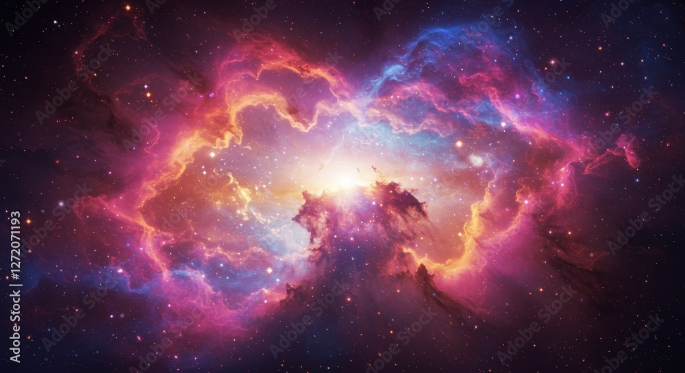 Fototapeta premium Cosmic Nebula: Celestial Dance of Colors - Vibrant nebula swirls in a cosmic ballet of pink, orange, and blue hues. Stars twinkle in the vast expanse of space