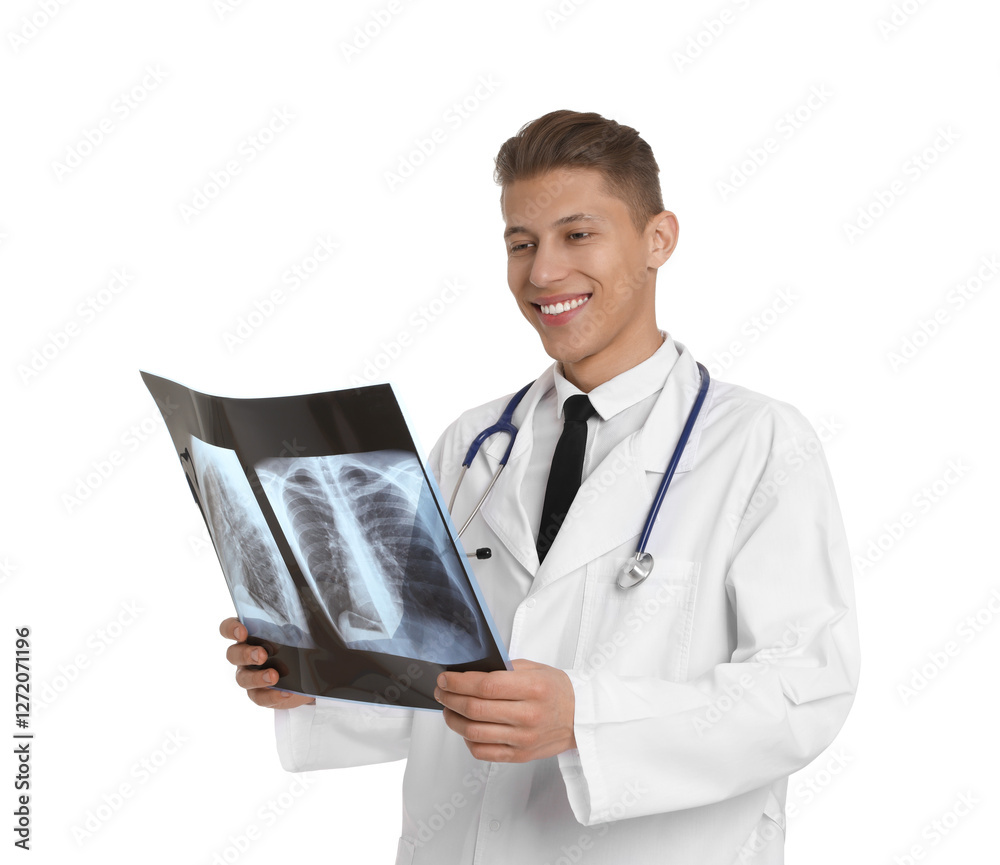 Doctor examining lungs x-ray on white background Doctor examining lungs x-ray on white background