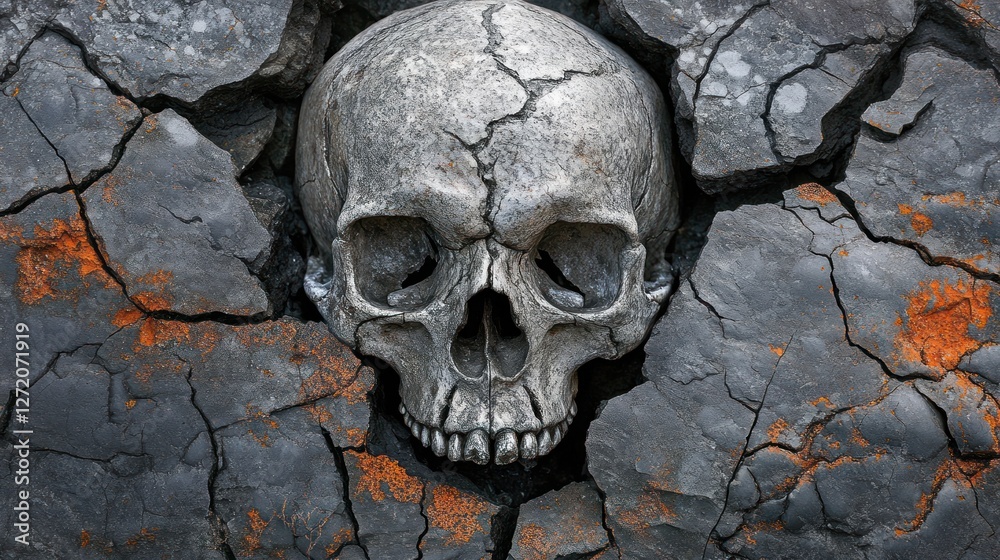 Cracked skull emerges from dark, textured stone; horror, fantasy backdrop Cracked skull emerges from dark, textured stone; horror, fantasy backdrop