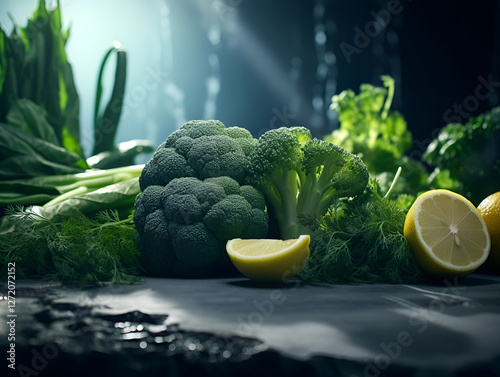 Fresh vegetables including broccoli, herbs, and lemon beautifully arranged under dramatic lighting photo