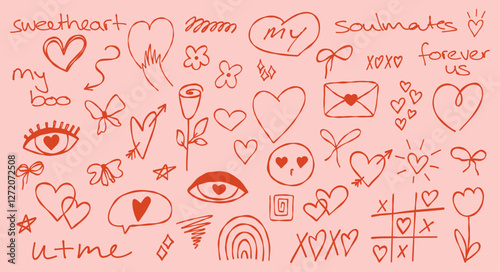 Hand drawn romantic doodle set. Cute love scribbles. Hearts, flowers,  bows, eyes, notes and sweet phrases. Perfect for Valentine’s Day, wedding designs, and creative projects.