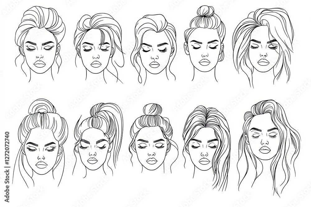 Surreal Faces Continuous line, drawing of set faces and hairstyles, fashion concept, woman's beauty. Surreal Faces Continuous line, drawing of set faces and hairstyles, fashion concept, woman's beauty.