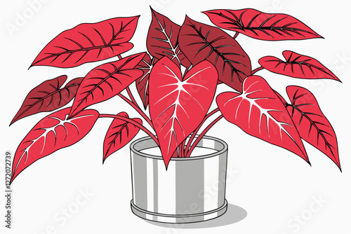 79 Vibrant red leaves, Metallic silver pot, Dramatic floral arrangement, Bright crimson foliage, Striking contrast, Studio lighting, White background, Glossy leaves, Compact display, Bold color palett