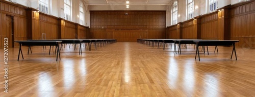 Desks and papers occupy an empty high school exam hall, highlighting the mental health challenges faced by students