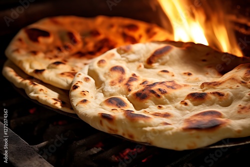 Freshly baked naan bread with golden-brown charred spots sits on a grill, with an open flame in the background, highlighting its traditional preparation over fire.