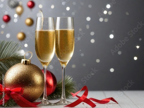 champagne glasses and christmas decorations