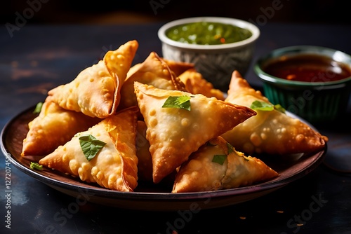 A plate of crispy, golden samosas garnished with fresh herbs, served with green and dark brown dipping sauces, creating a delicious and inviting presentation.