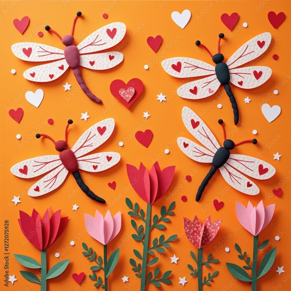 Fototapeta premium Valentines Day Dragonflies with Flowers Paper Art Craft
