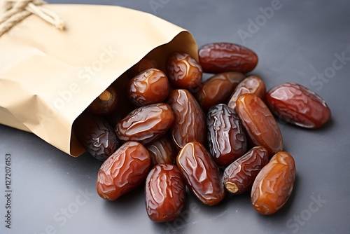 A paper bag spilling glossy, fresh dates onto a dark surface, highlighting their rich texture and natural sweetness.