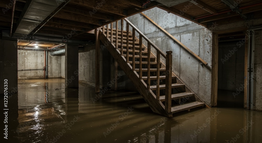 Obraz premium Flooded Basement Staircase and Water Damage - Basement flooding, water damage, staircase, dark, somber. Symbolizing loss, devastation, despair, vulnerability, and the need for repair
