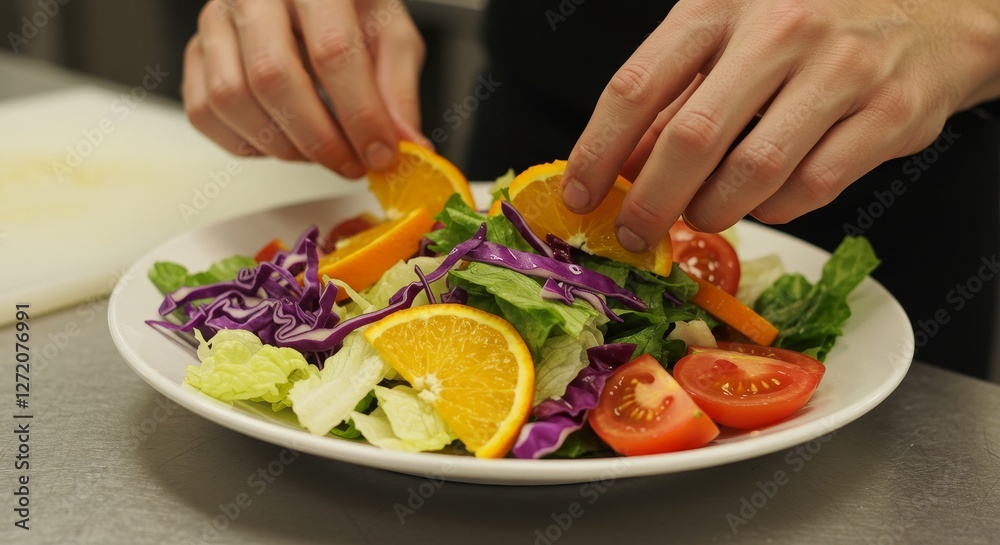 Fresh Orange and Red Cabbage Salad - A chef carefully adds orange slices to a vibrant salad featuring red cabbage, lettuce, and tomatoes. Healthy and delicious Fresh Orange and Red Cabbage Salad - A chef carefully adds orange slices to a vibrant salad featuring red cabbage, lettuce, and tomatoes. Healthy and delicious