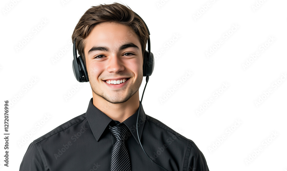 a smiling call center agent wearing a black shirt and headset isolated on a transparent background a smiling call center agent wearing a black shirt and headset isolated on a transparent background