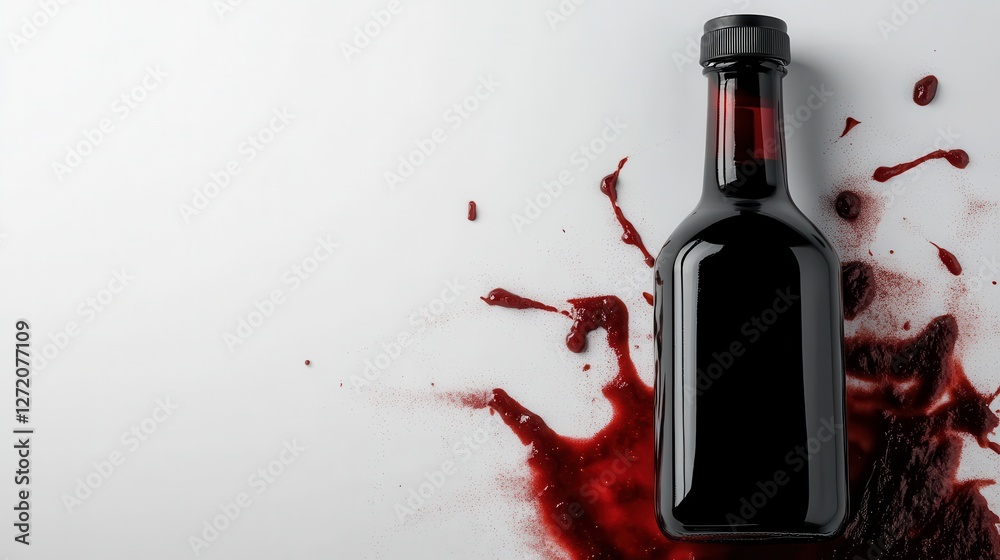 Fototapeta premium A wine bottle spills dark red liquid onto a white surface, creating an artistic splash effect