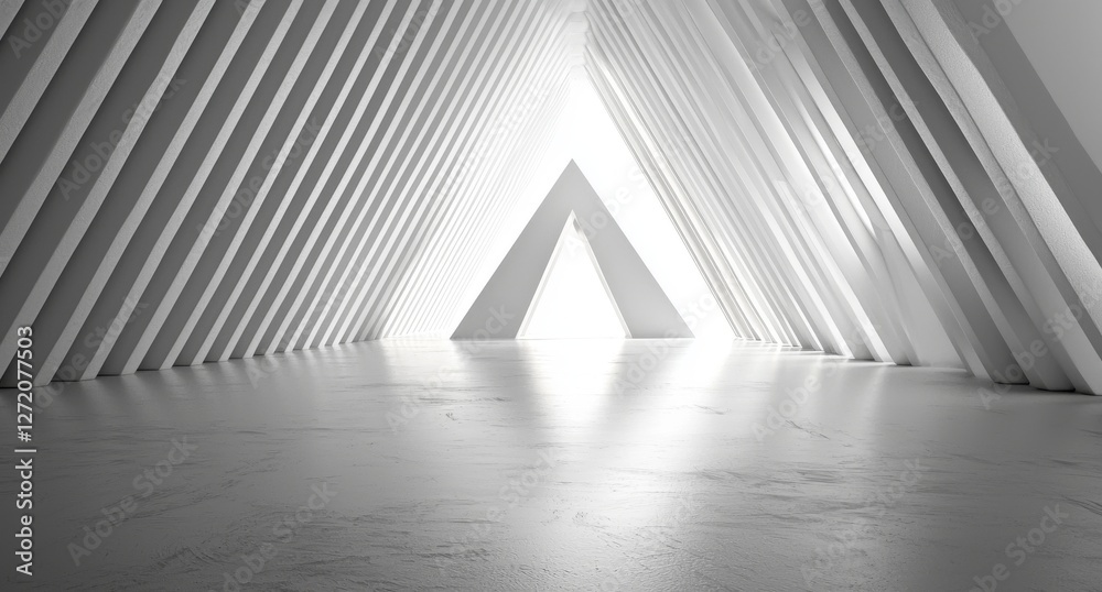 Obraz premium The interior of a triangular spaceship features a futuristic corridor with a tunnel of light, symbolizing a science fiction concept and business setting, created using 3D rendering techniques