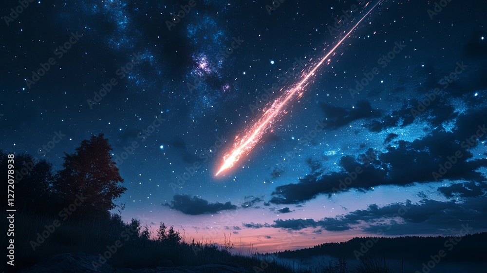 Spectacular meteor streaking across a starry night sky in a scenic landscape Spectacular meteor streaking across a starry night sky in a scenic landscape