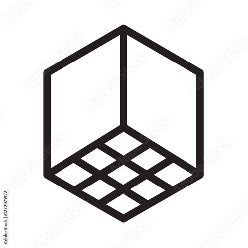 Line icon vector illustration of a three-dimensional cube with a grid, showcasing geometric design concepts