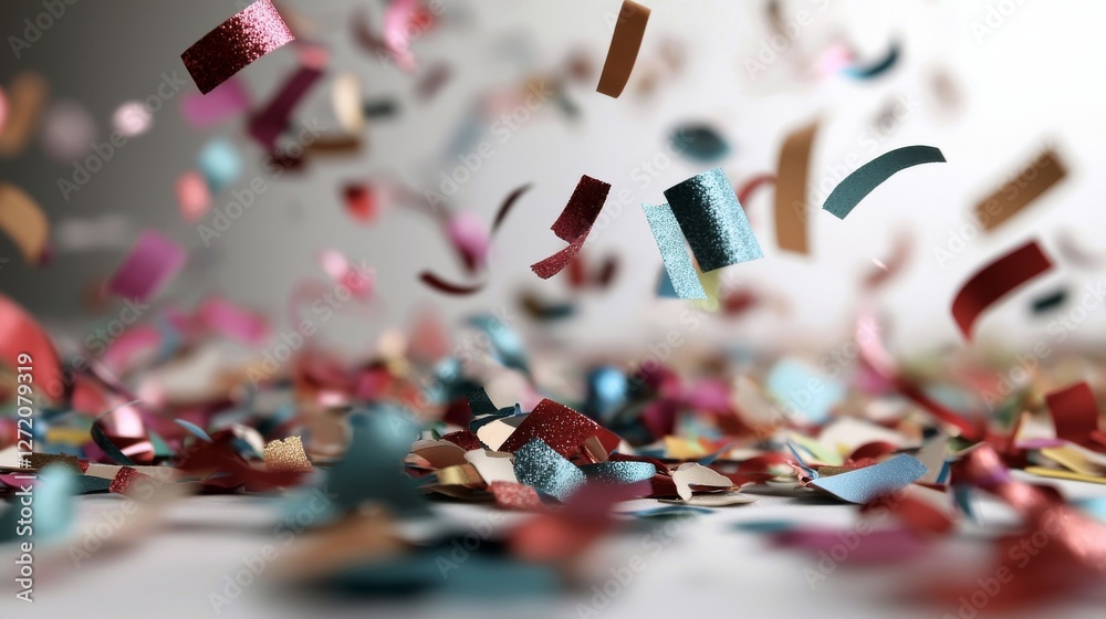 Fototapeta premium A vibrant multicolor confetti abstract background featuring numerous falling pieces, set against a clean white backdrop, serves as a festive decorative tinsel element for design purposes, created
