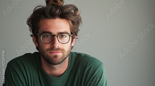 Young caucasian male with glasses and messy hair in green shirt