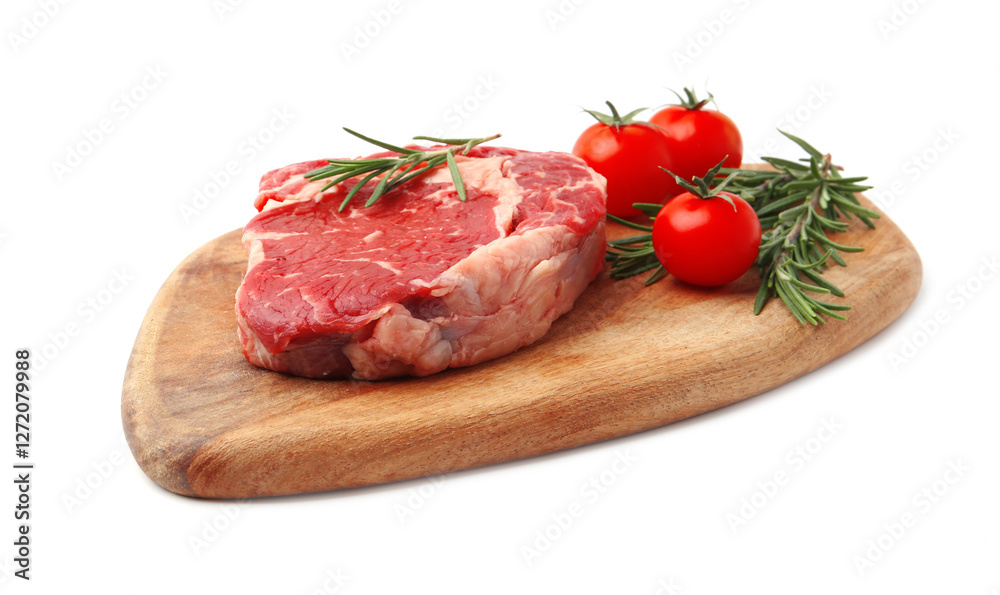 Piece of raw beef meat, rosemary and tomatoes isolated on white Piece of raw beef meat, rosemary and tomatoes isolated on white