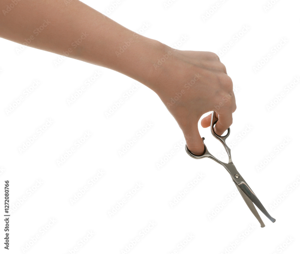 Woman with scissors for pet grooming on white background, closeup Woman with scissors for pet grooming on white background, closeup