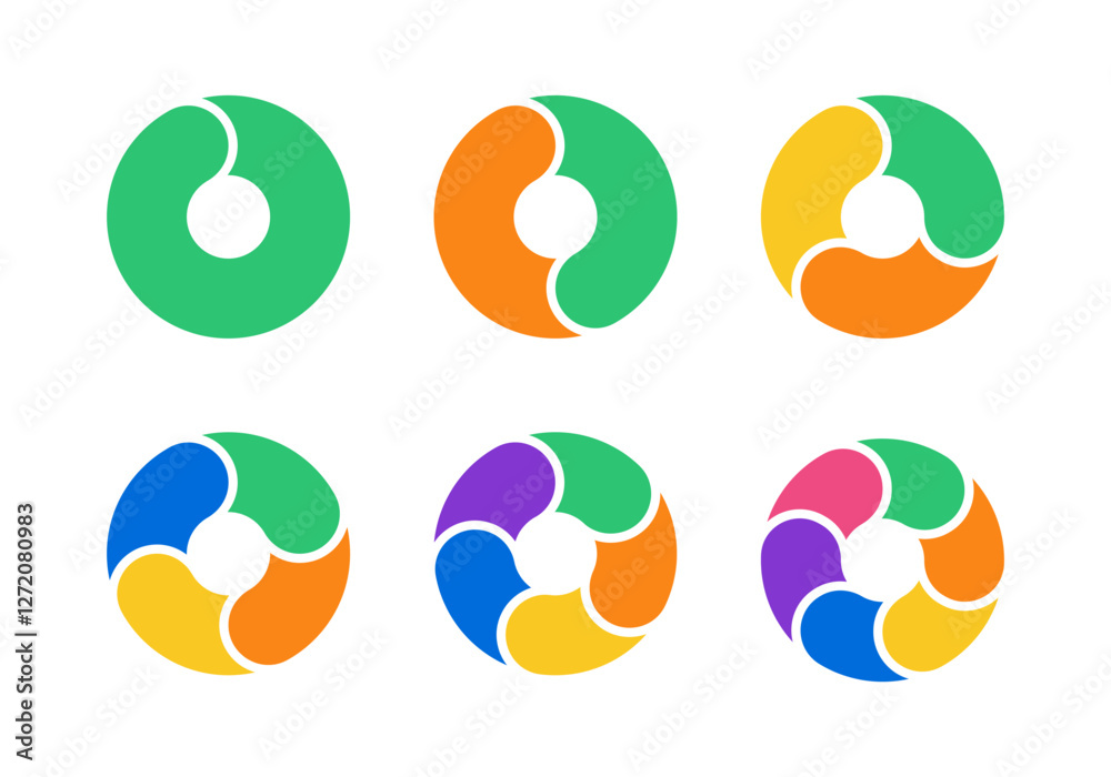 Pie chart by sections. Round infographic by steps and levels for presentation design. Vector color set isolated illustration on white background.