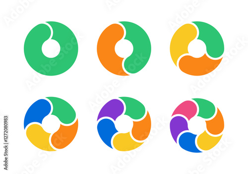 Pie chart by sections. Round infographic by steps and levels for presentation design. Vector color set isolated illustration on white background.