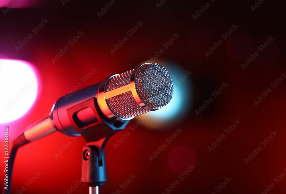 Obraz premium Microphone on stand against red background with blurred lights. Bokeh effect