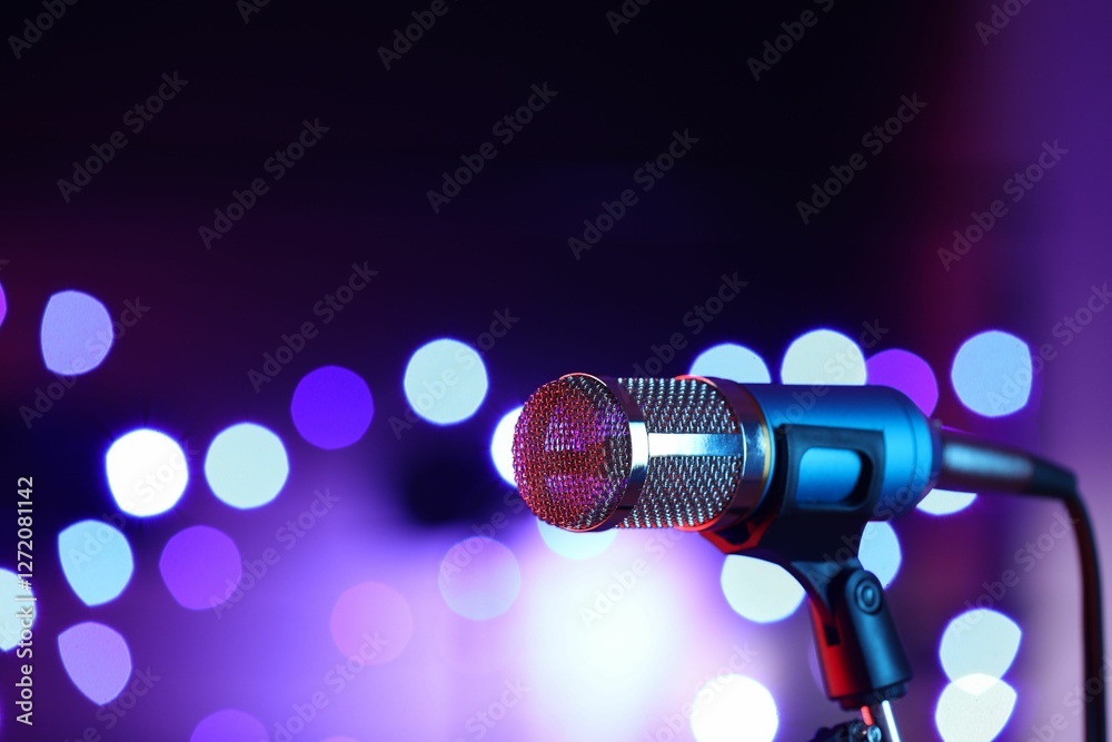 Obraz premium Microphone on stand against color background with blurred lights, space for text. Bokeh effect