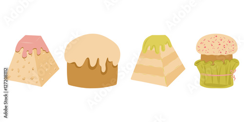 Easter cakes set, different shapes and colors, kulich, glazed cakes