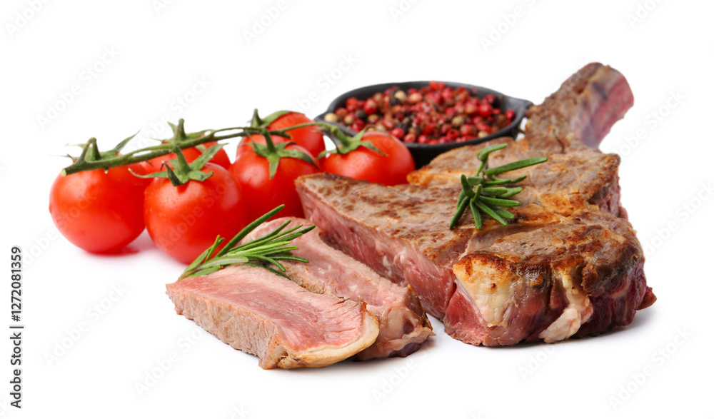 Pieces of delicious beef meat, spices and tomatoes isolated on white Pieces of delicious beef meat, spices and tomatoes isolated on white