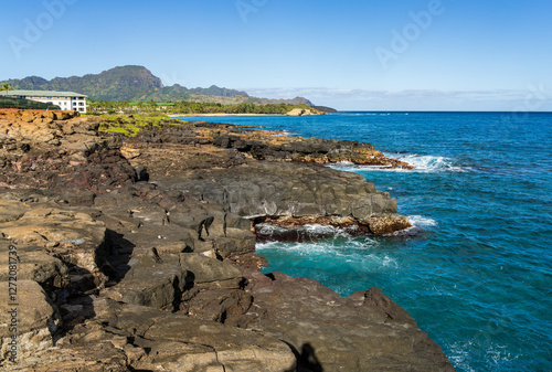 Aerial view of Keoniloa Bay and Shipwreck beach in Koloa on south coast of Kauai photo