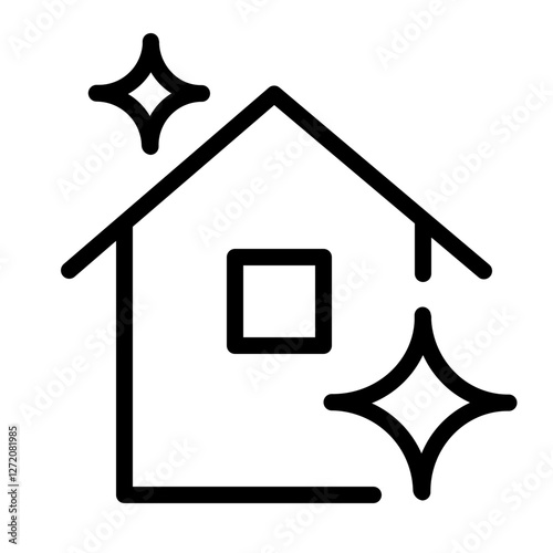 Line icon illustration of a house with sparkles representing cleanliness and home improvement activities