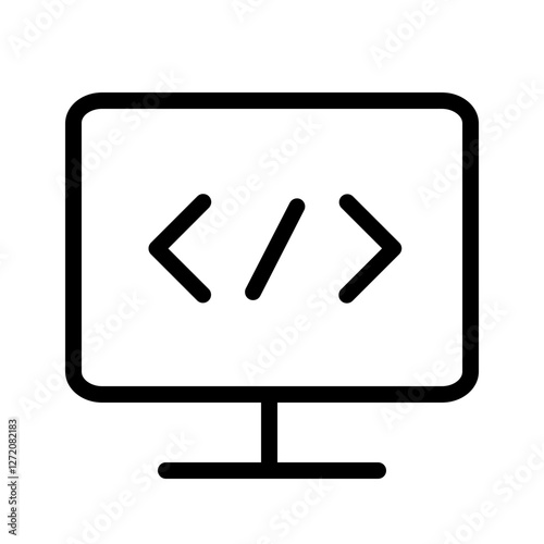 Line icon vector illustration of a computer screen displaying programming code symbols for web development and technology