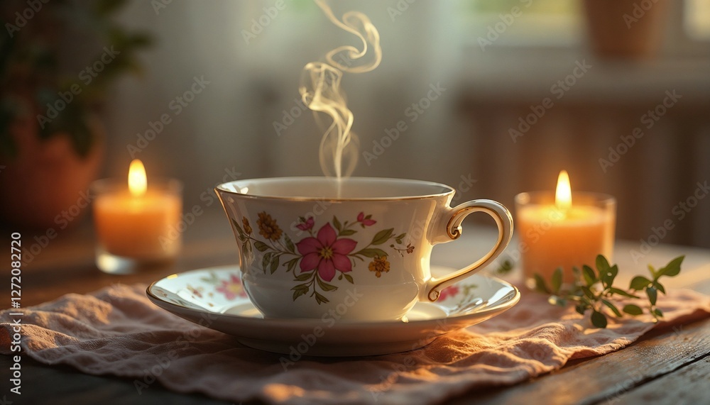 Fototapeta premium Steaming cup of tea with floral design and candles on a wooden table