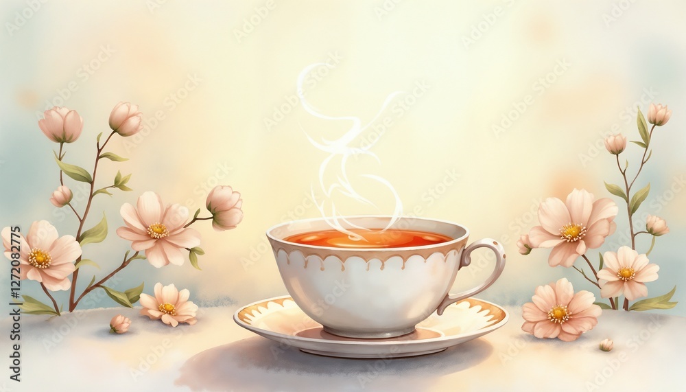 Fototapeta premium Steaming cup of herbal tea surrounded by flowers on a soft pastel background