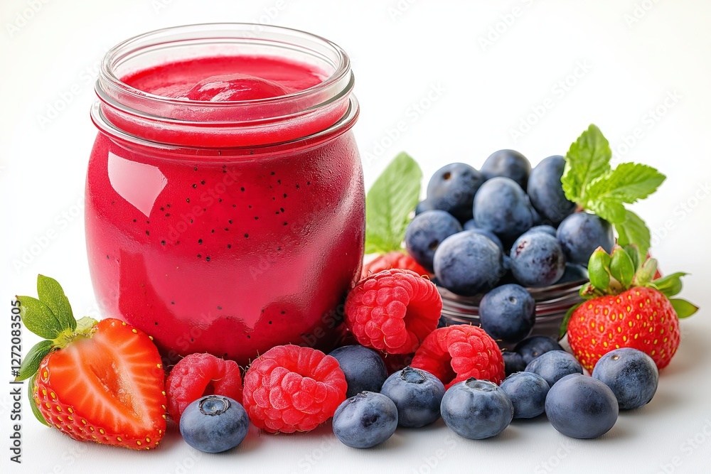 Fresh berry smoothie and assorted fruits arranged beautifully on a white background. Glass jar filled with healthy berry smoothie full of vitamin C and antioxidants. Immune boosting drink Fresh berry smoothie and assorted fruits arranged beautifully on a white background. Glass jar filled with healthy berry smoothie full of vitamin C and antioxidants. Immune boosting drink